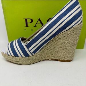 NWT-Paco Gil BLUE STRIPE Canvas Peep-toe Espadrille Wedge NEW In Box!! Sz 10M